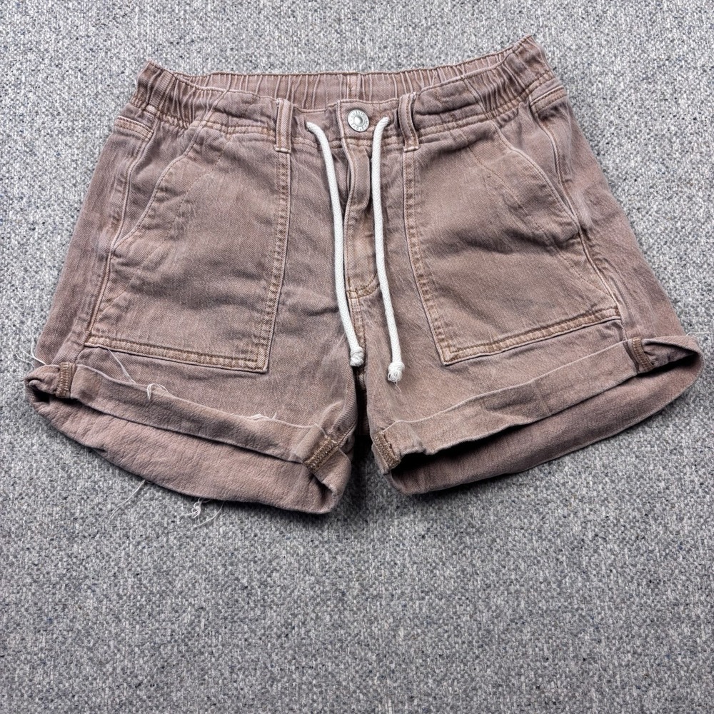 American Eagle Stretch Shorts Rolled Hem Olive Khaki Brown Drawstring Belt Sz 2